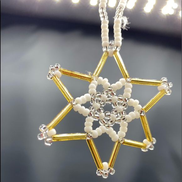 2 Antique Czech Gablonz Beaded Star + Snowflake Christmas Ornament Vtg Norway - Picture 11 of 16